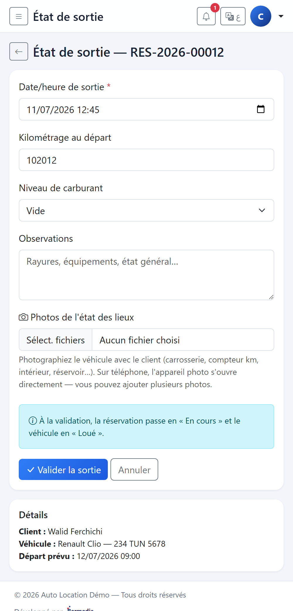 État des lieux (photos + kilométrage) sur téléphone
