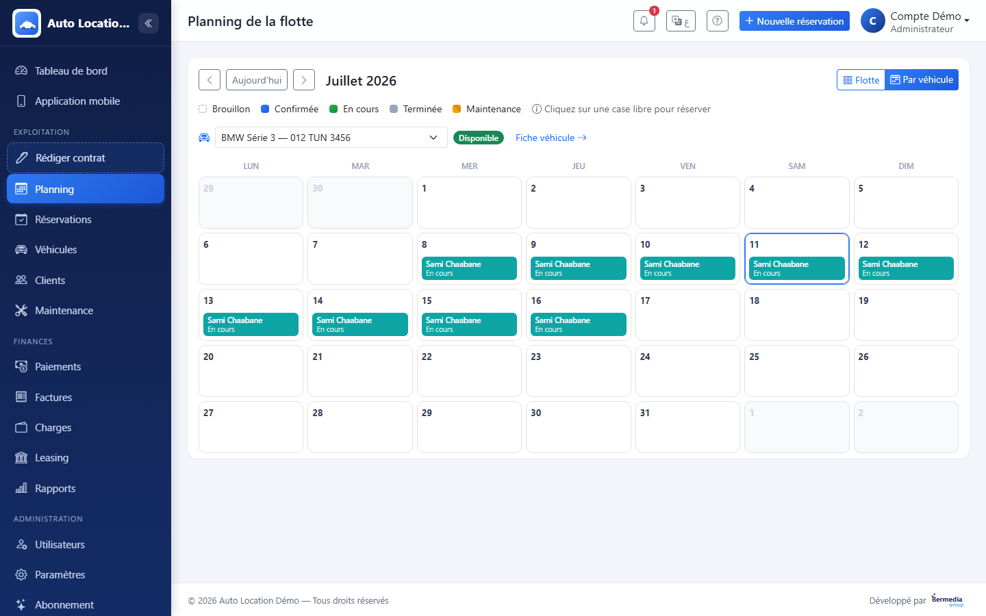 Planning par véhicule : la disponibilité d’un coup d’œil, même sur mobile.